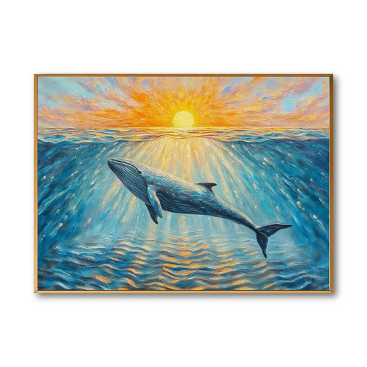 Original impressionist oil painting of a whale gliding under a warm sunset. Vibrant blue and orange tones evoke a serene, majestic feel.