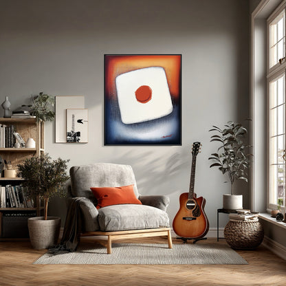 Colorful art complementing a cozy corner with a grey armchair, bookshelf, and a guitar. Adds pop to the eclectic vibe.