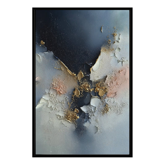 Original textured abstract painting with deep navy, gold leaf, white, and subtle pink impasto, conveying an atmospheric effect. Cold tone.