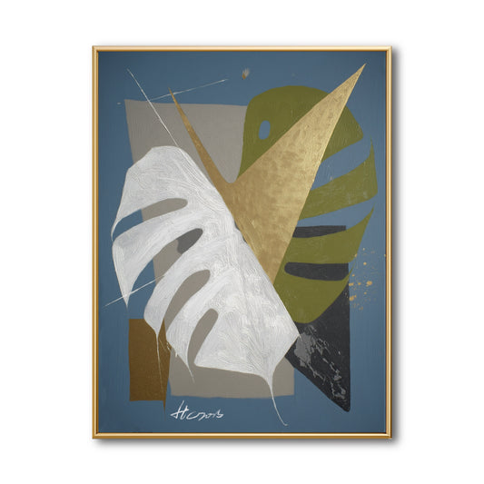 Original geometric botanical painting, white monstera & gold triangle on dark blue canvas. Modern abstract wall art.