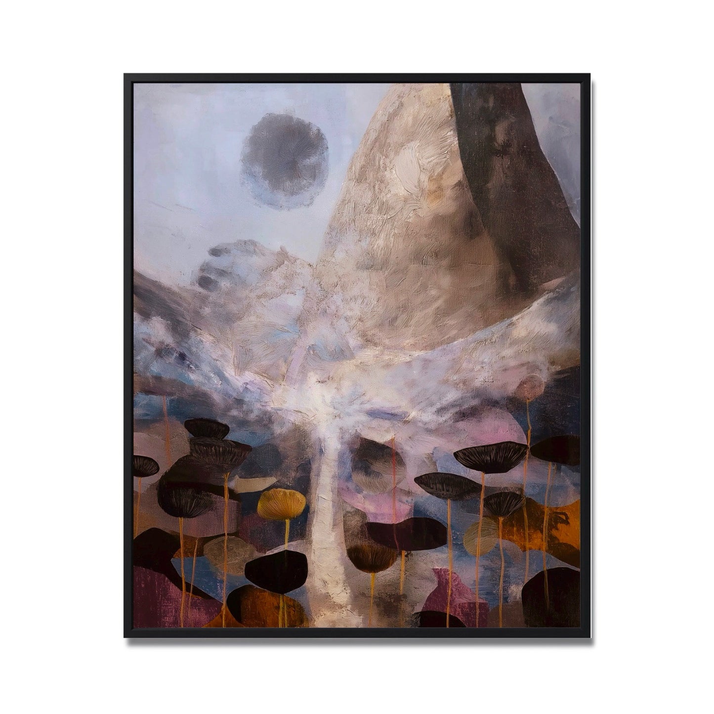 Original abstract landscape painting. Impressionistic dark flowers, bright light, and earth tones; featuring a celestial body and mountain form.