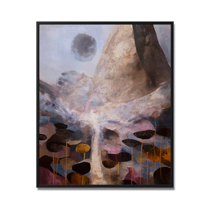 Original abstract landscape painting. Impressionistic dark flowers, bright light, and earth tones; featuring a celestial body and mountain form.