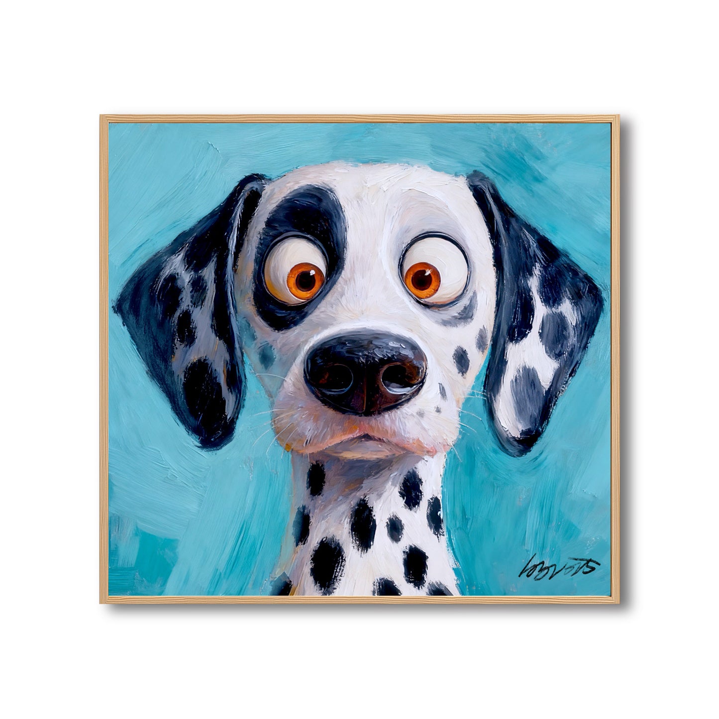 Original whimsical painting of a surprised Dalmatian dog. Features big orange eyes and a textured, bright blue background.