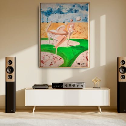 Abstract golf canvas art in a modern media room. Playful colors add a creative touch above the white console and speakers.