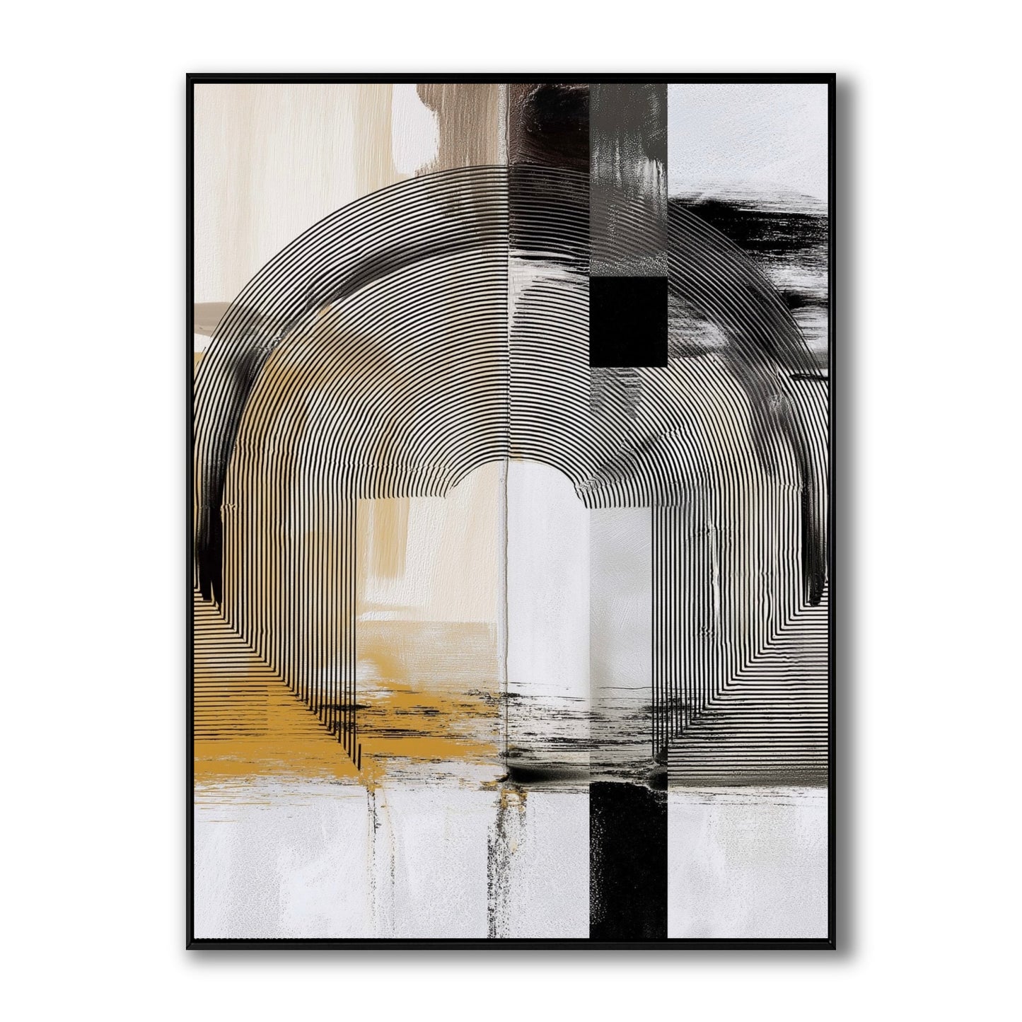 Original abstract painting with black concentric arches, bold geometric shapes, and warm ochre accents on a textured background.