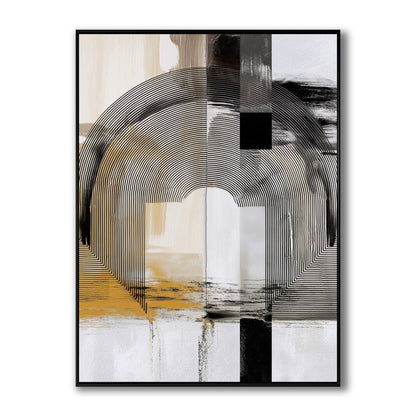 Original abstract painting with black concentric arches, bold geometric shapes, and warm ochre accents on a textured background.