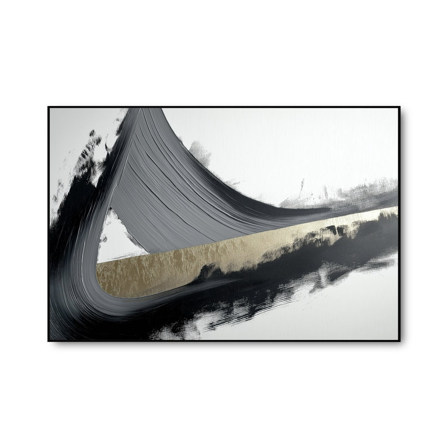 Original minimalist abstract art. A powerful, sweeping brushstroke in black, grey, and metallic gold on a white canvas.
