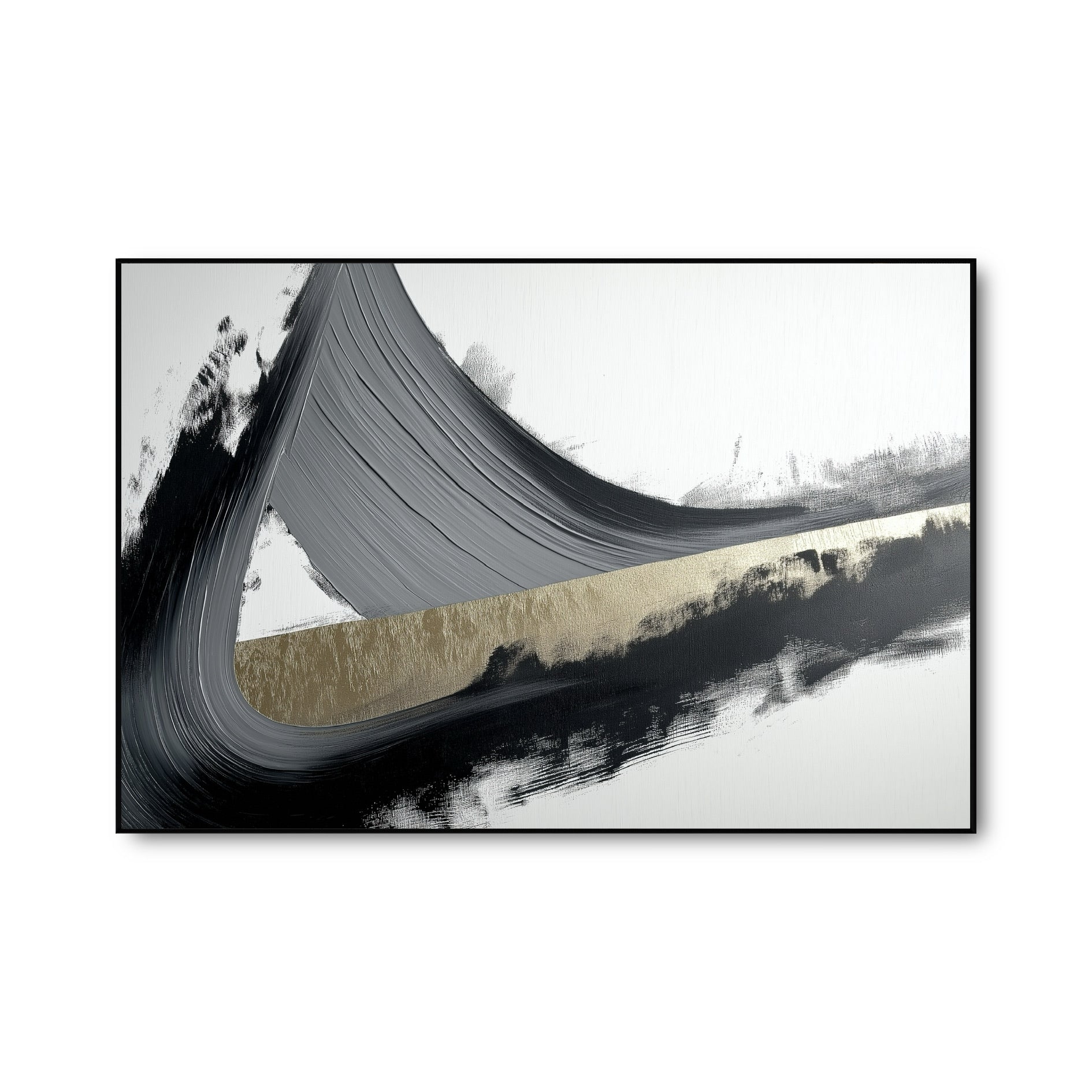 Original minimalist abstract art. A powerful, sweeping brushstroke in black, grey, and metallic gold on a white canvas.
