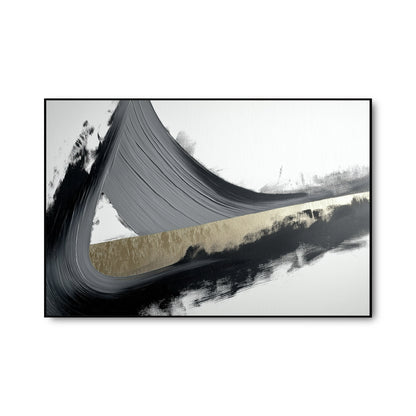 Original minimalist abstract art. A powerful, sweeping brushstroke in black, grey, and metallic gold on a white canvas.