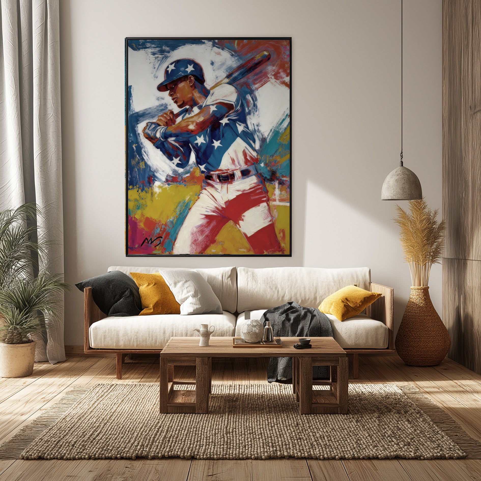 Large painting of a baseball player in a bright, modern living room with a beige sofa, wood coffee table, and jute rug.