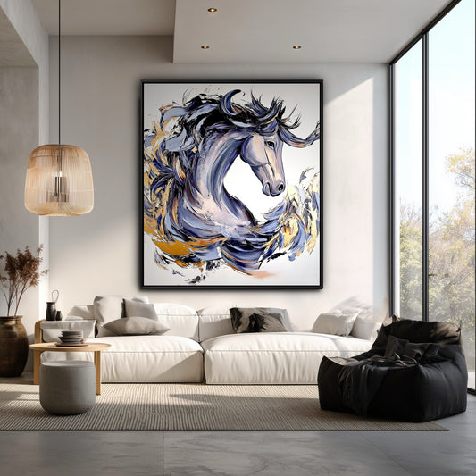 A large-scale abstract horse painting commands the wall in an airy, high-ceiling room, matching the wicker light and modern white sofa.