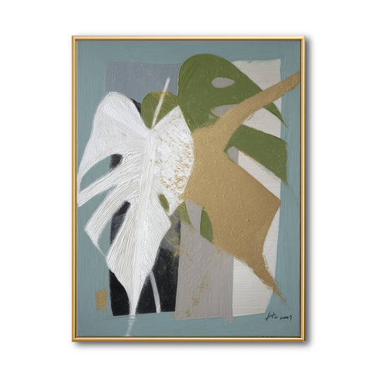 Original abstract Monstera oil painting. Textured white and green leaves with gold accents on blue. Modern organic wall art.