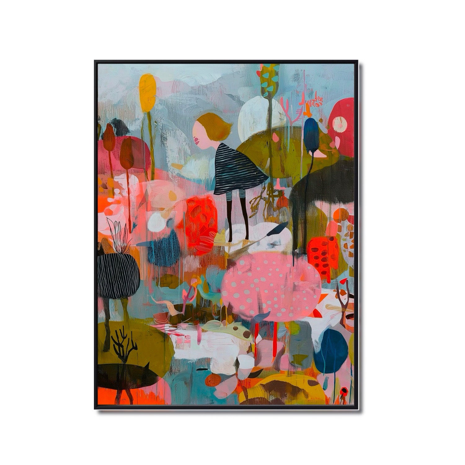 Original modern whimsical theme figurative abstract painting. Hand-painted, mixed media, vivid warm color style artwork.