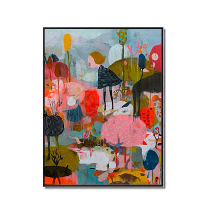 Original modern whimsical theme figurative abstract painting. Hand-painted, mixed media, vivid warm color style artwork.