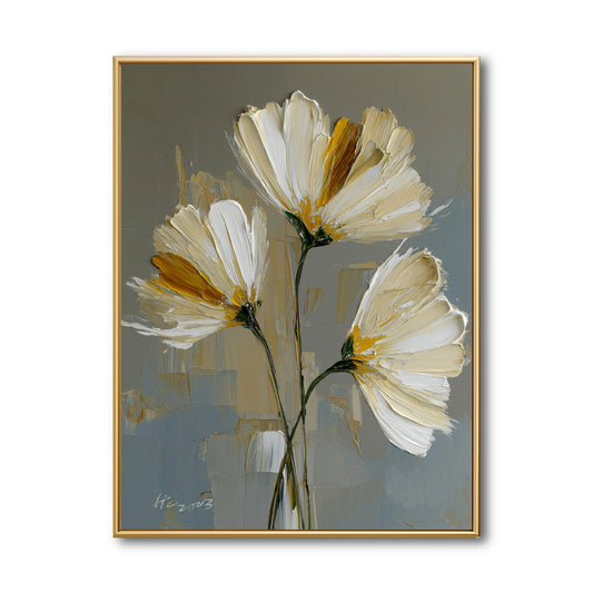 Original white floral oil painting with cool grey tones. Textured abstract flower art conveying a serene, modern neutral vibe.