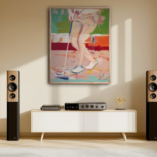 Original colorful golf painting styled in a minimalist media room. Vivid art adds character above the sleek audio console.