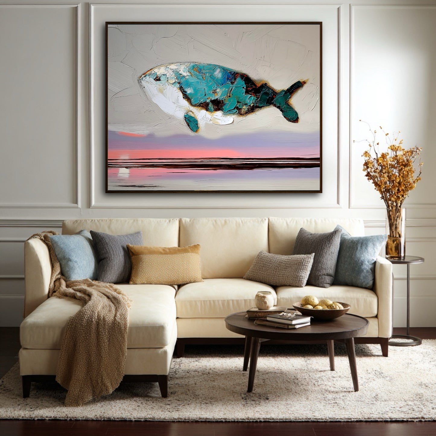 A large abstract whale painting hangs in a traditional living room with wall molding, above a cream-colored sectional sofa.