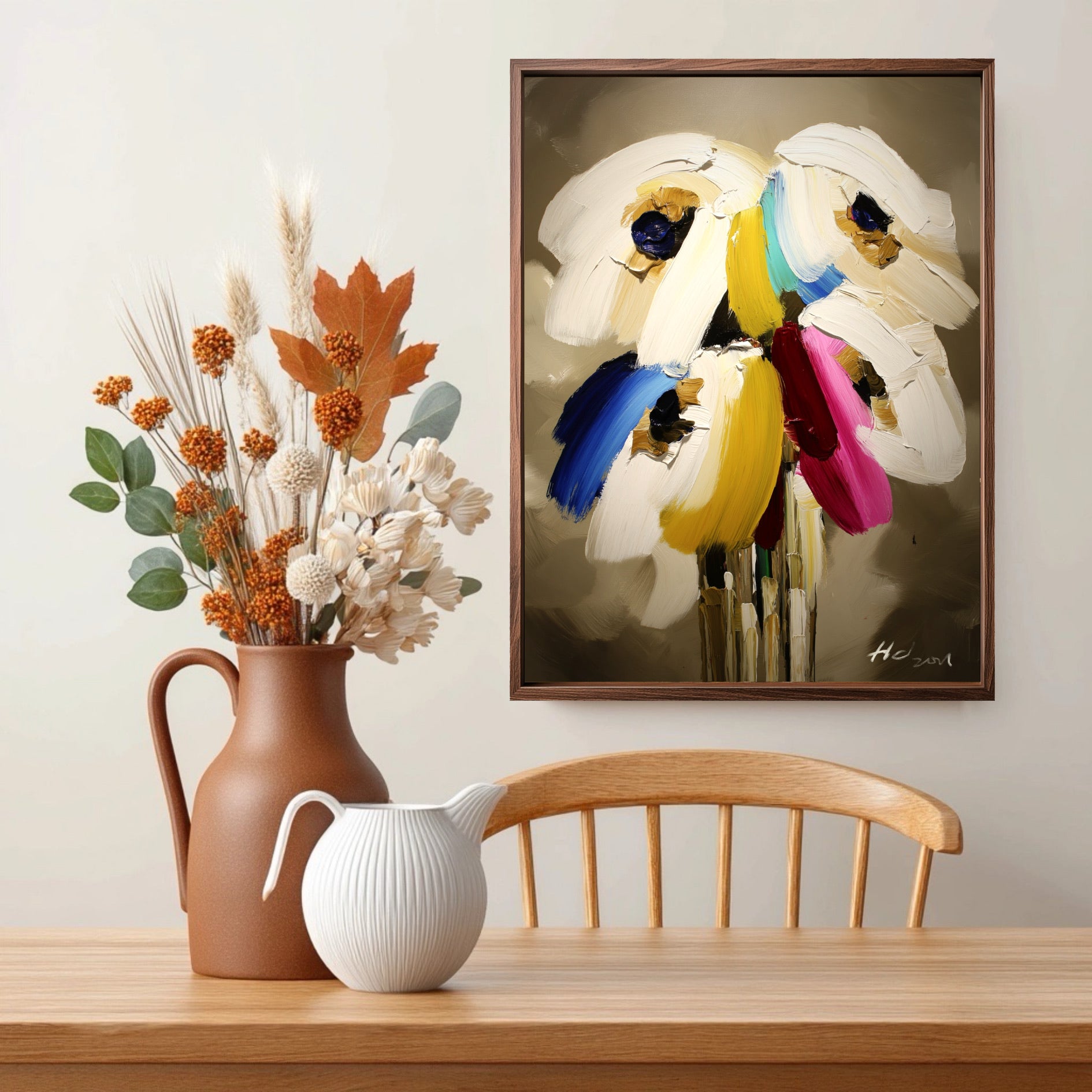 Textured flower art above a wooden table with dried botanicals. Warm earth tones in the decor echo the painting's neutral palette.