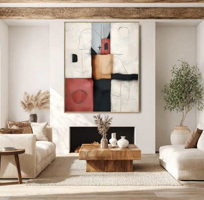 Geometric abstract painting hangs above a rustic fireplace and wooden coffee table, connecting the rough wood beams and creamy, textured environment.