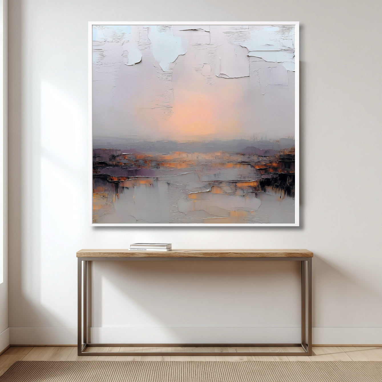 A room pic shows an expressionist deco painting, creating elegant, vintage, futuristic, romantic, and sophisticated vibes.