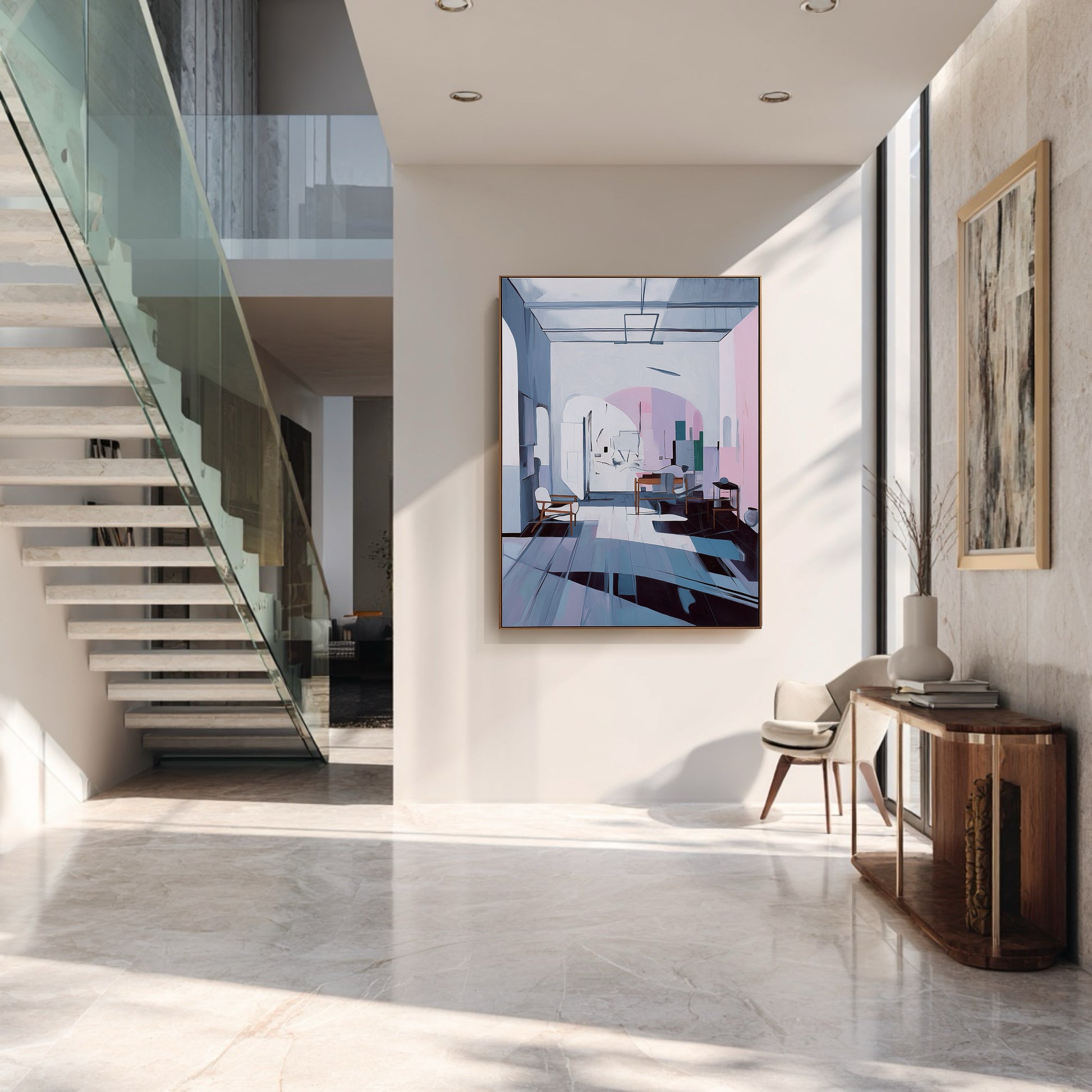 Original abstract painting enhances a sunlit, modern entry hall featuring a floating glass staircase and polished marble floor.