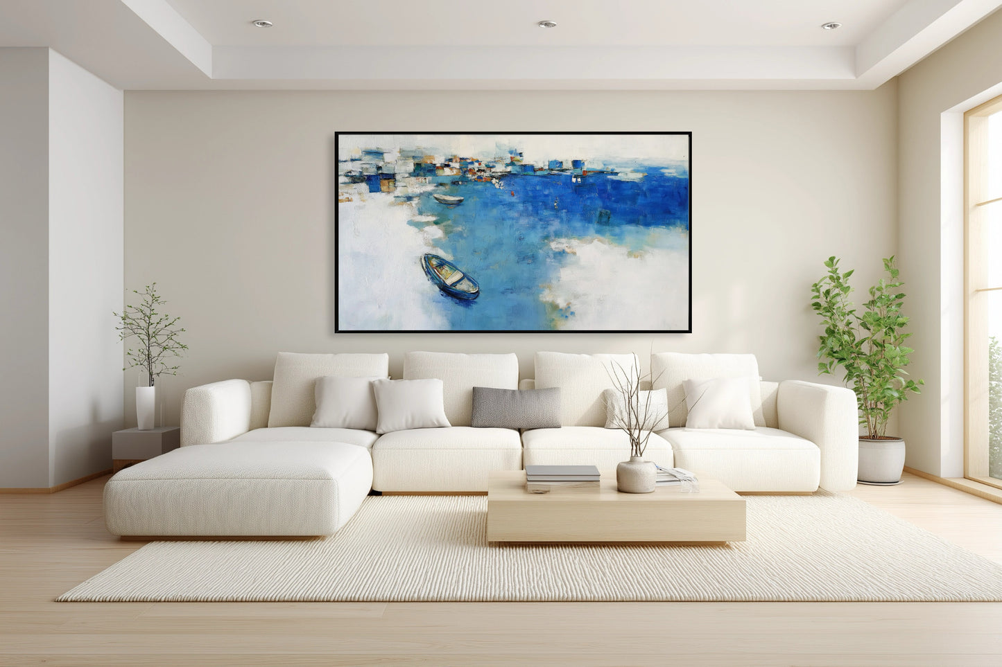 Abstract blue harbor art enhancing the light, airy feeling over a white sofa, perfectly matching the modern pillows' soft yellow accents.