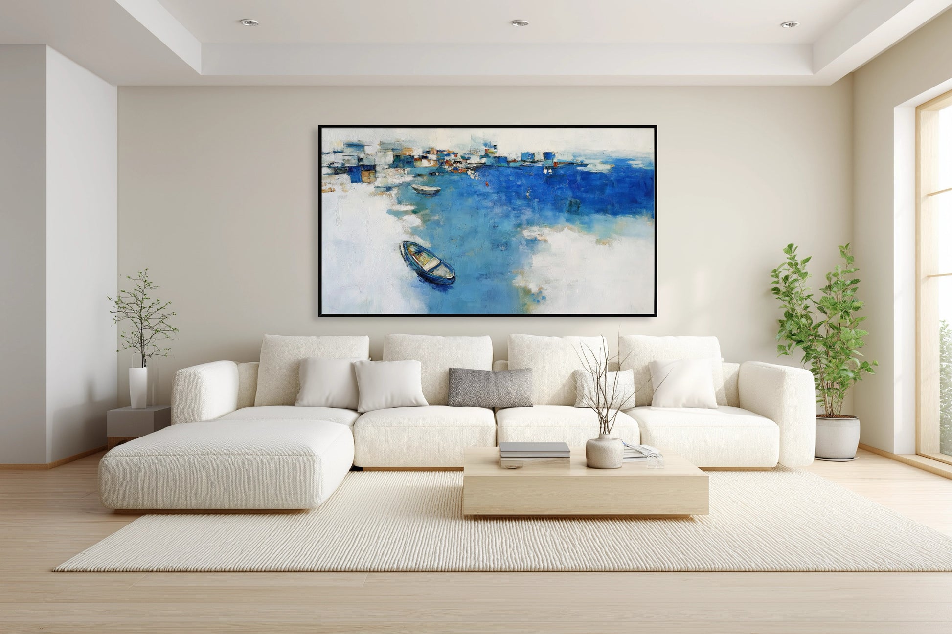 Abstract blue harbor art enhancing the light, airy feeling over a white sofa, perfectly matching the modern pillows' soft yellow accents.