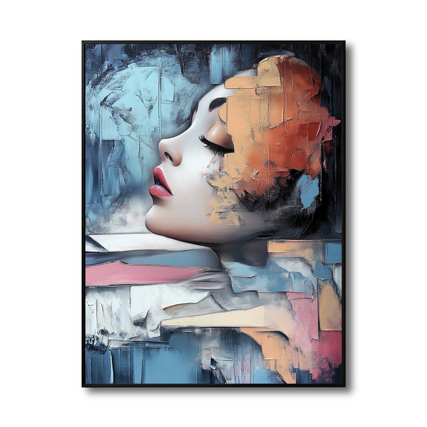 Modern abstract portrait painting. Textured canvas art with vibrant colors. Ideal for contemporary decor. Captures emotion with a neutral tone.