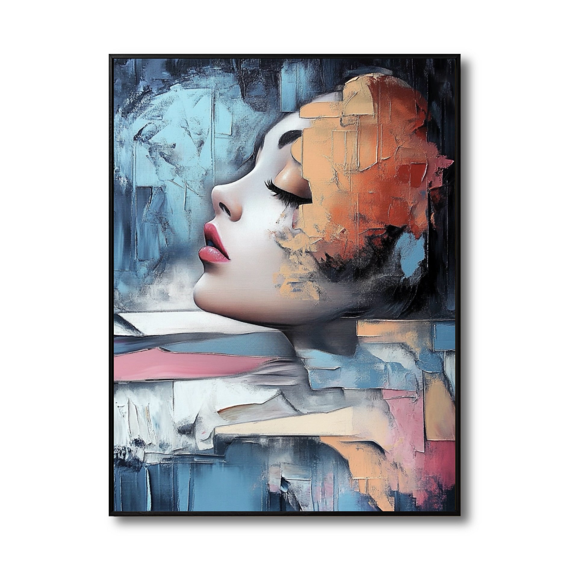 Modern abstract portrait painting. Textured canvas art with vibrant colors. Ideal for contemporary decor. Captures emotion with a neutral tone.