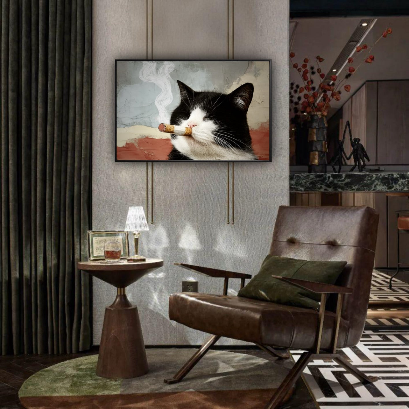 Tuxedo cat art with retro vibe in a dark-paneled room, placed above a leather armchair, appealing to a masculine lounge decor.