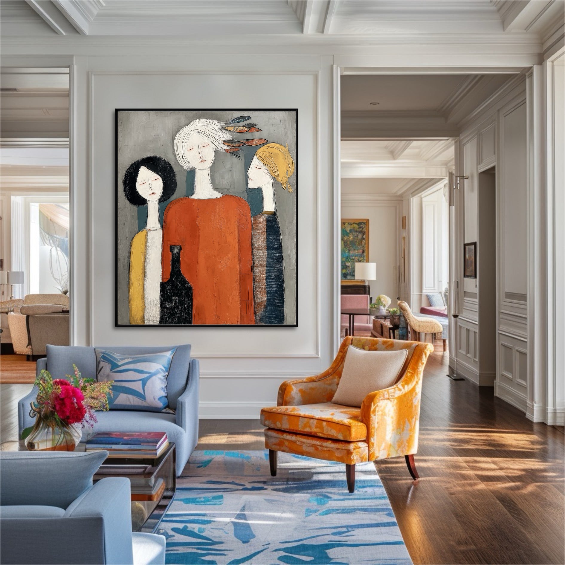 Figurative art for a modern living room. A large focal point for a sophisticated space with a blend of soft and vibrant colors.