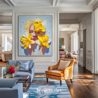 Textured yellow floral portrait anchors a luxurious traditional living room. The vibrant art pops against the white wainscoting and complements the orange patterned armchair.