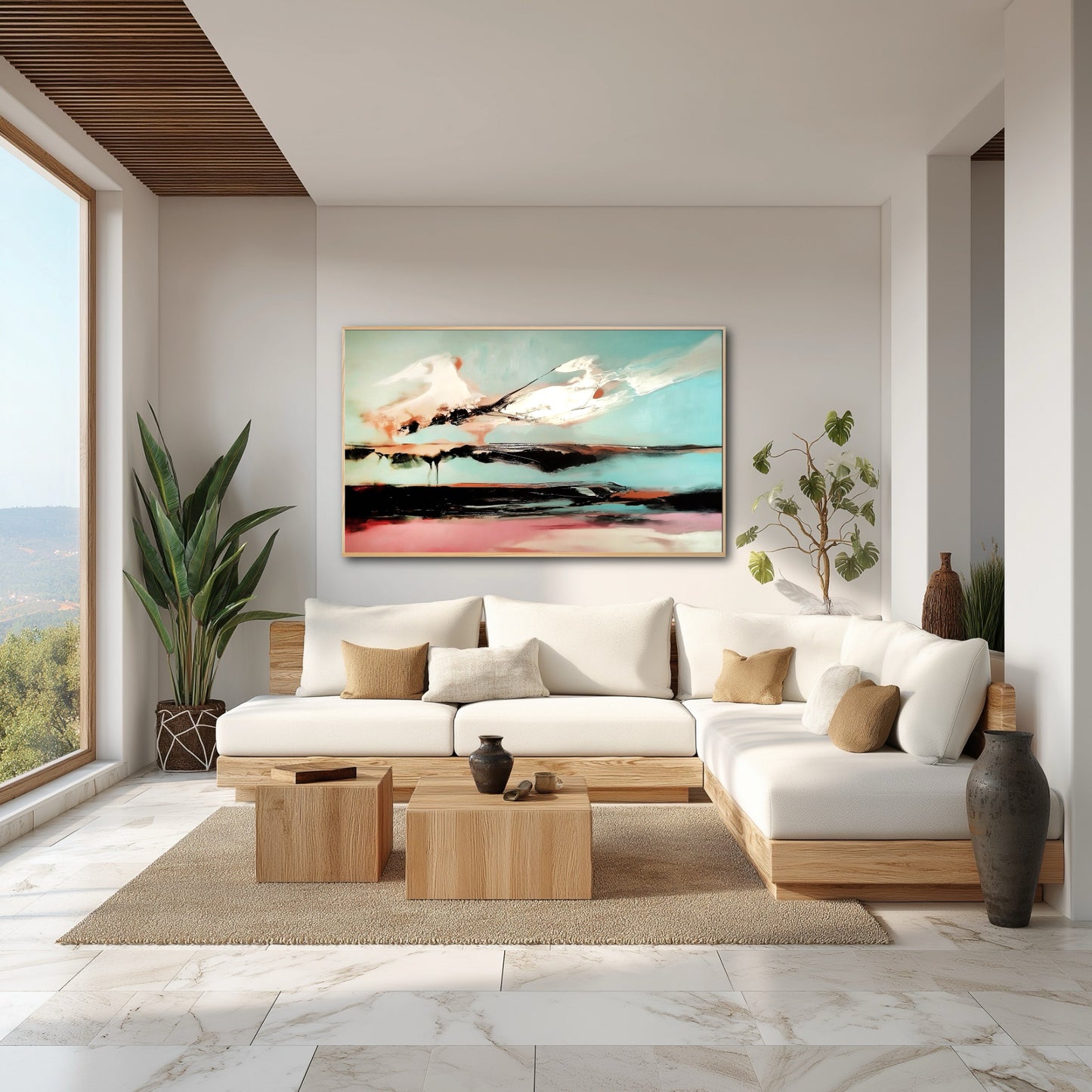 Bright, minimalist living room with a white sectional and marble floors, featuring a large, colorful abstract painting.