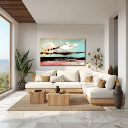 Bright, minimalist living room with a white sectional and marble floors, featuring a large, colorful abstract painting.