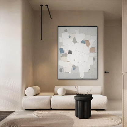 A room pic shows a minimalist deco painting, creating vintage, elegant, calm, cozy, sophisticated, and futuristic vibes.			