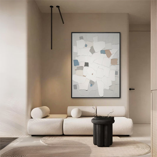 A room pic shows a minimalist deco painting, creating vintage, elegant, calm, cozy, sophisticated, and futuristic vibes.			