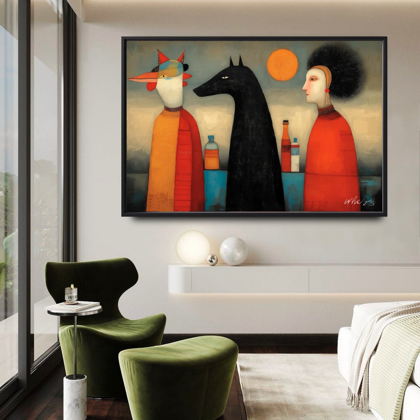 Vivid red folk art painting paired with green velvet armchairs and neutral tones for a balanced, modern color palette.