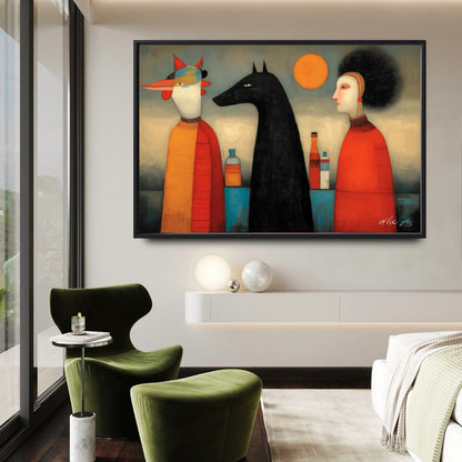 Vivid red folk art painting paired with green velvet armchairs and neutral tones for a balanced, modern color palette.