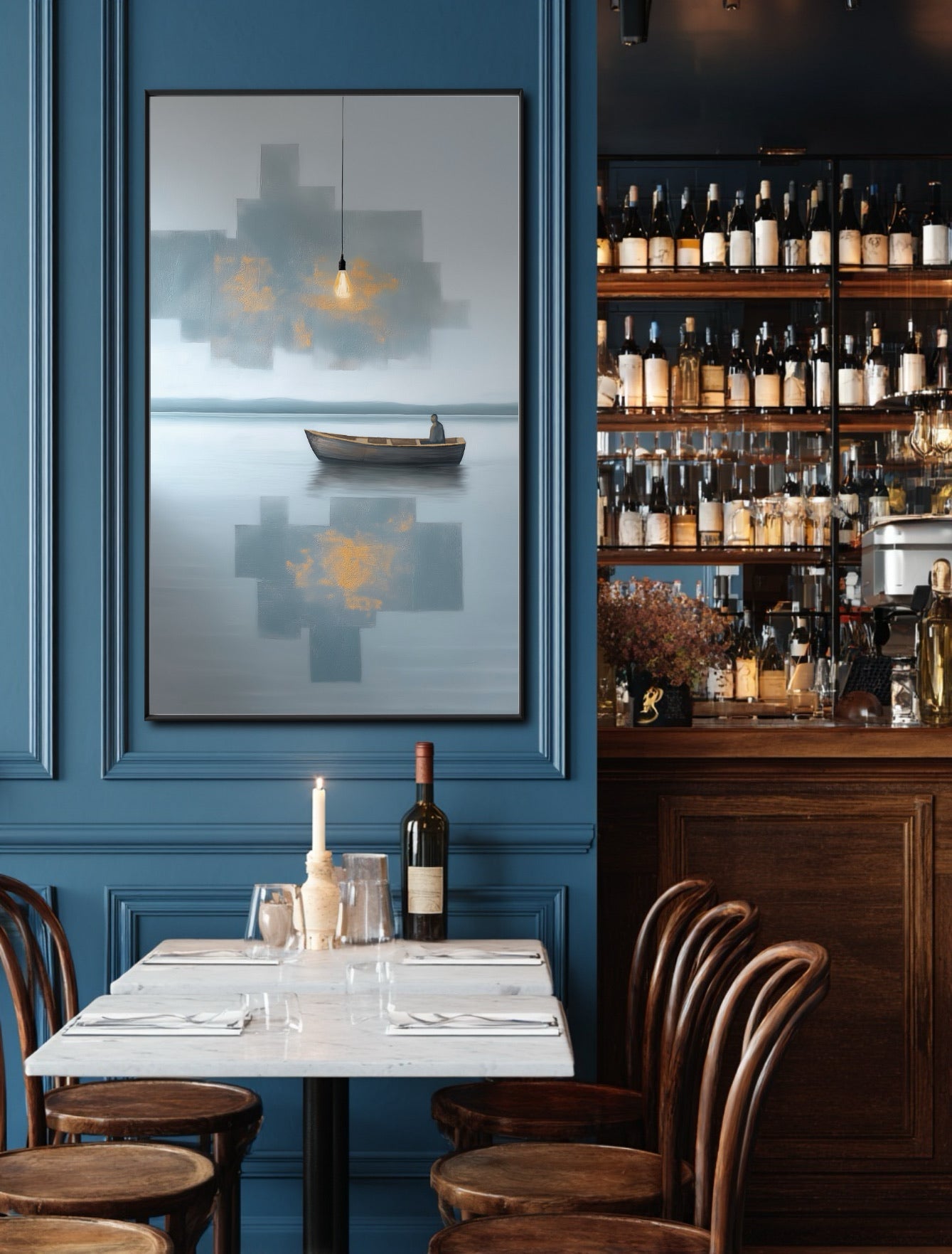 Mood-setting abstract art defines the luxurious dining atmosphere, complementing the deep blue walls and wine bar.