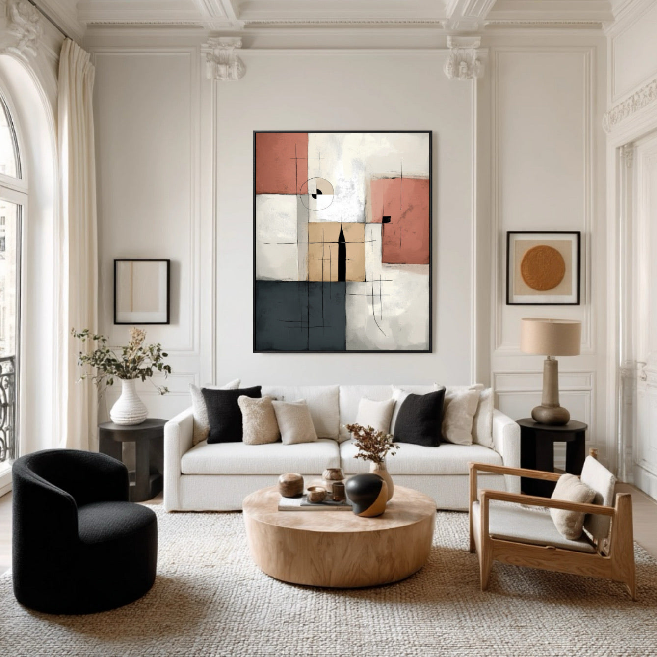 A room pic shows a minimalist deco painting, creating elegant, sophisticated, calm, vintage, and futuristic vibes.		
