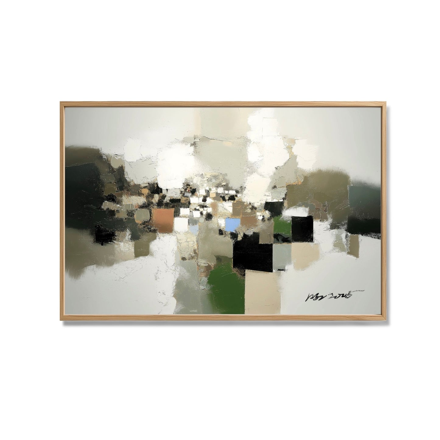 A natural abstract hand-drawn oil painting: a horizontal city landscape in rustic strokes, cold, and green tones.