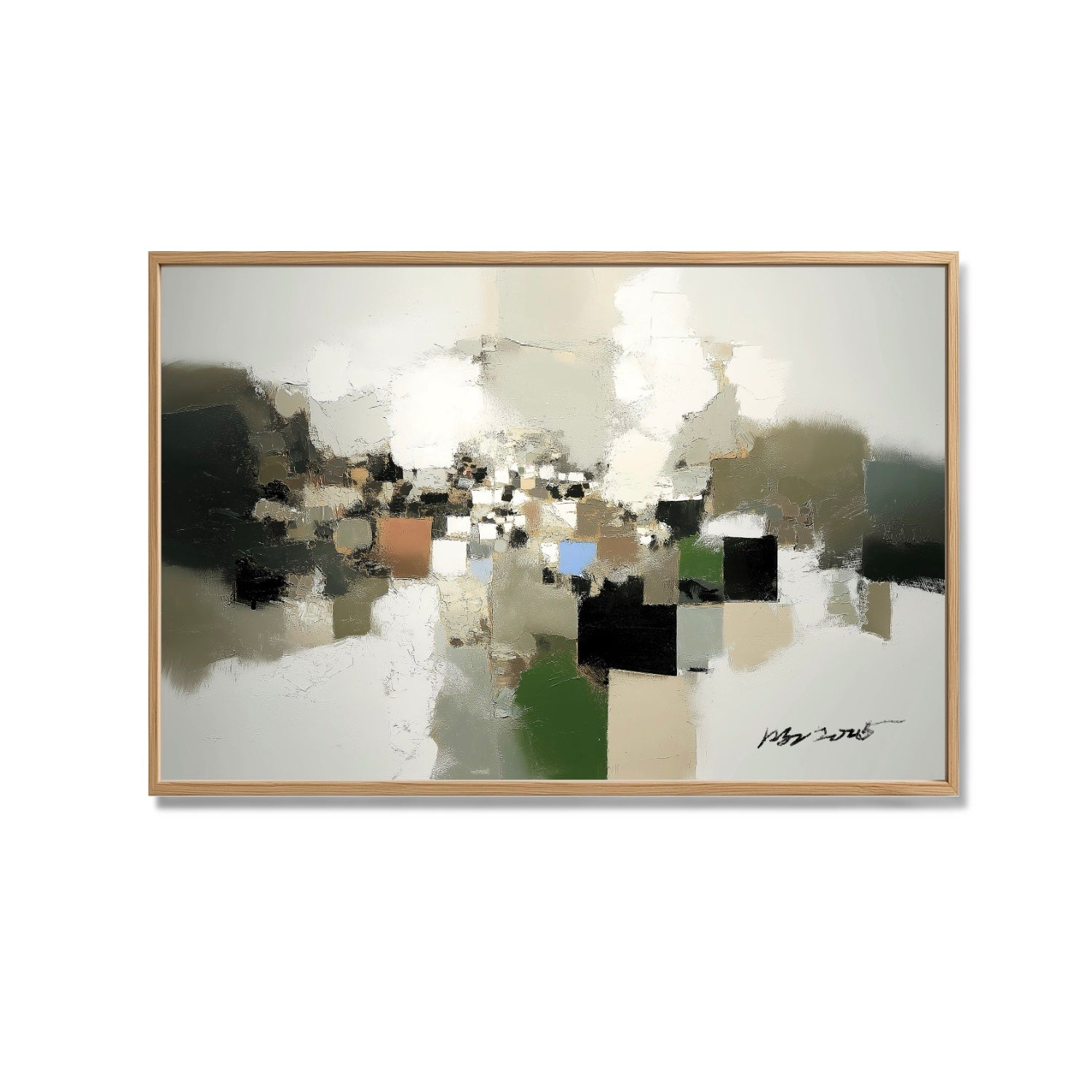 A natural abstract hand-drawn oil painting: a horizontal city landscape in rustic strokes, cold, and green tones.