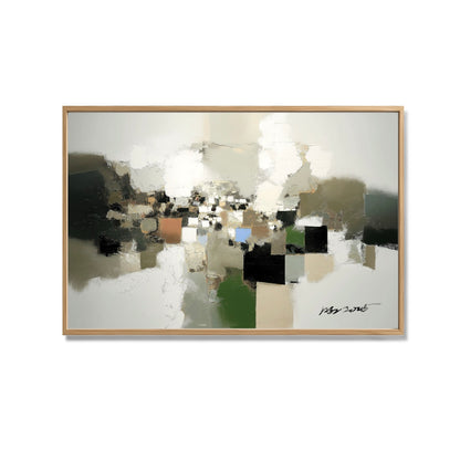 A natural abstract hand-drawn oil painting: a horizontal city landscape in rustic strokes, cold, and green tones.