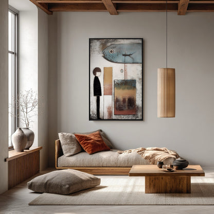 Abstract folk art with fish motif anchors a serene, Nordic-style daybed lounge with rough-hewn wood beams and neutral, earthy tones.