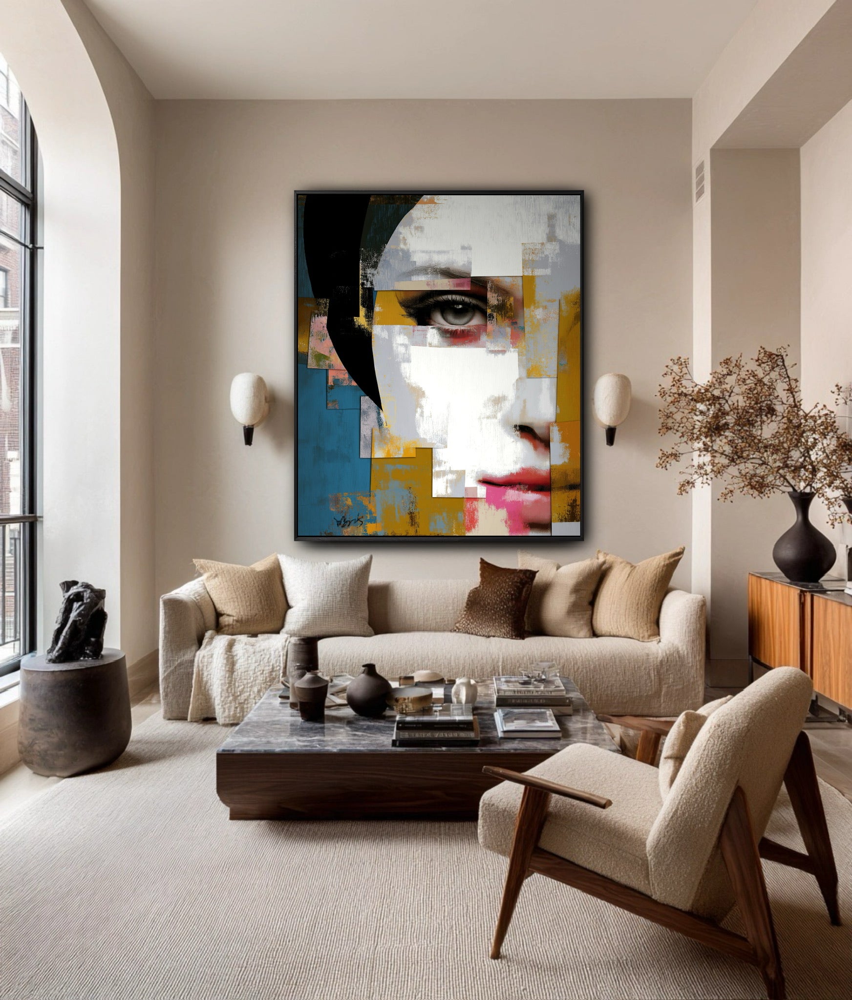 A large, abstract face painting hangs as a colorful focal point in a spacious, elegant living room with a neutral sofa and high ceiling.