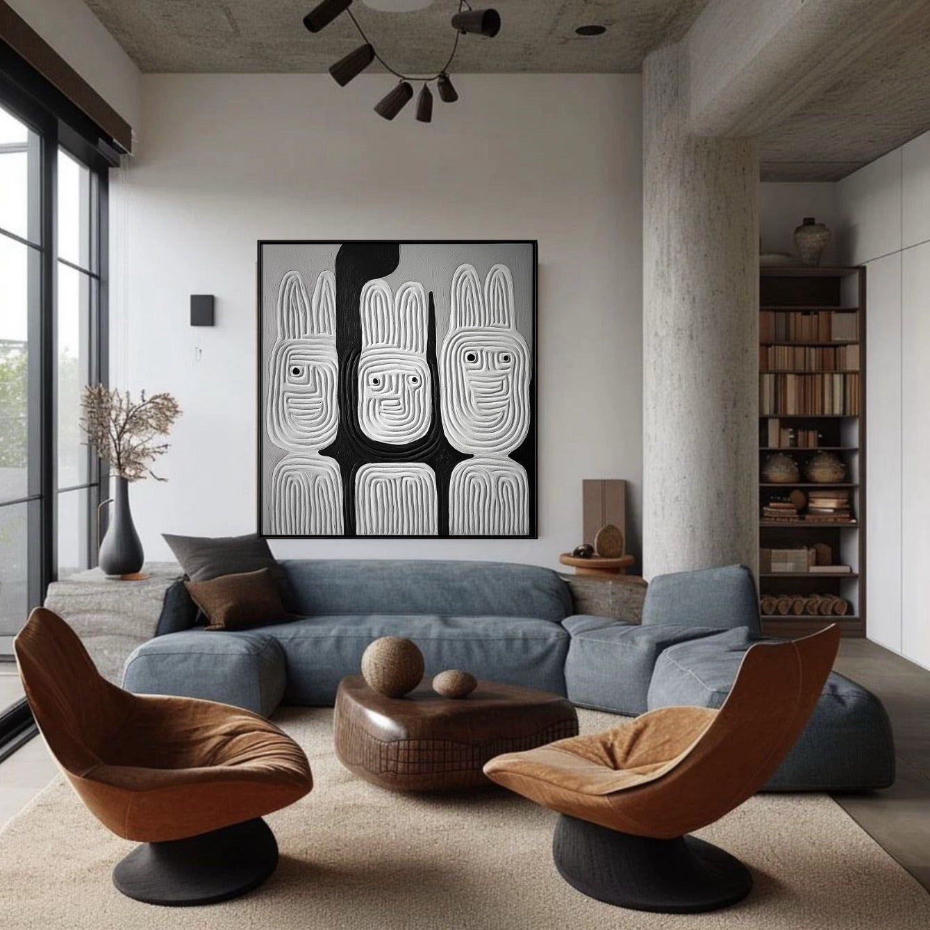 Monochromatic textured art provides a strong focal point over a blue sectional, complementing the industrial exposed concrete column and rich brown leather chairs.