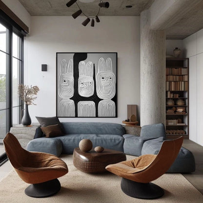 Monochromatic textured art provides a strong focal point over a blue sectional, complementing the industrial exposed concrete column and rich brown leather chairs.