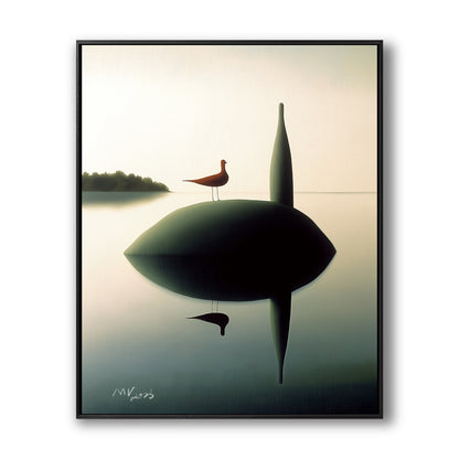 Original minimalist bird painting on a dark green mound with reflections; serene teal and sage green meditative vibe.