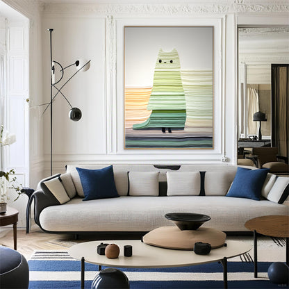 Original abstract cat art introduces playful color and texture against the sophisticated white paneling of a classic-modern living room.