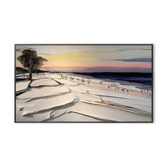 Original hand-painted acrylic beach landscape. Warm/cool sunset contrast, extreme texture impasto, figurative movement, serene vibe painting.